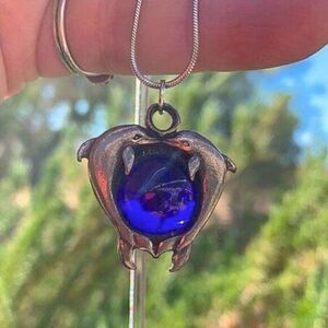 VTG Kissing Dolphins Cobalt Blue Art Glass Pendant